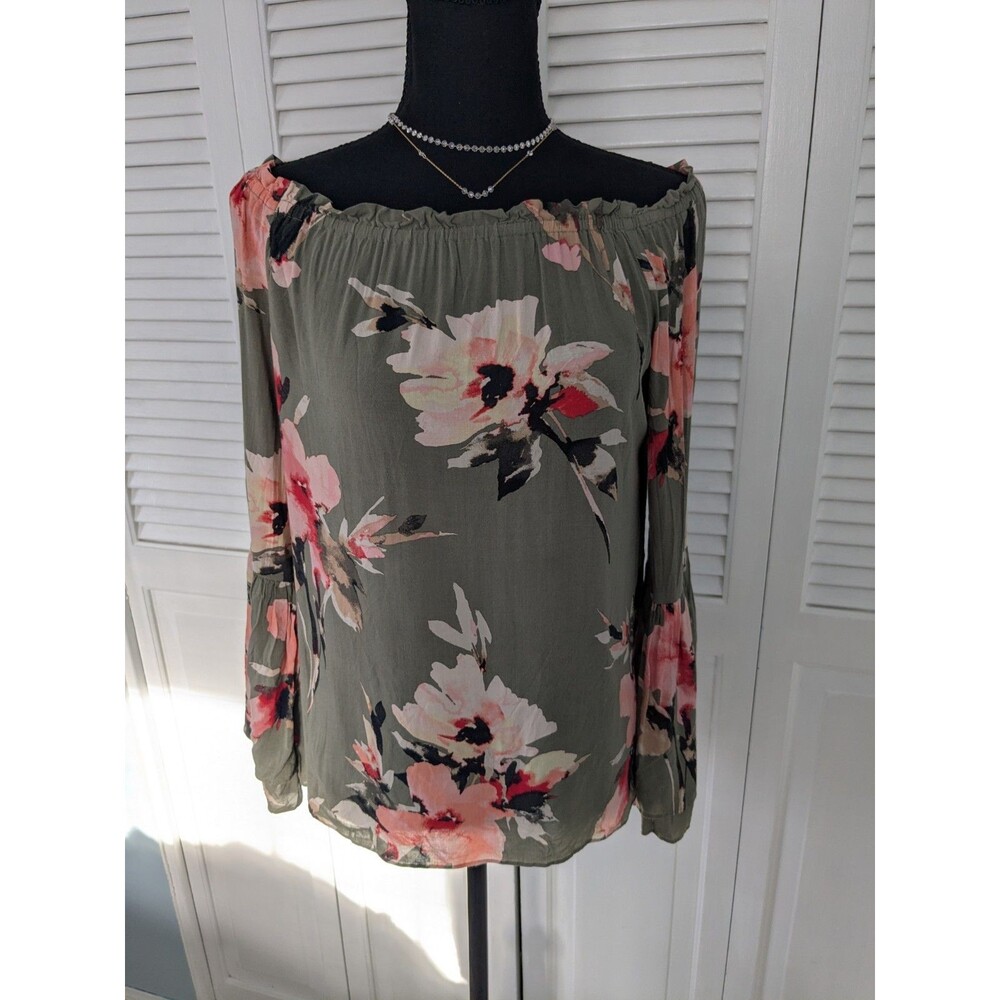 White House Black Market Top Women's S Boho Green Off the Shoulder Floral Blouse